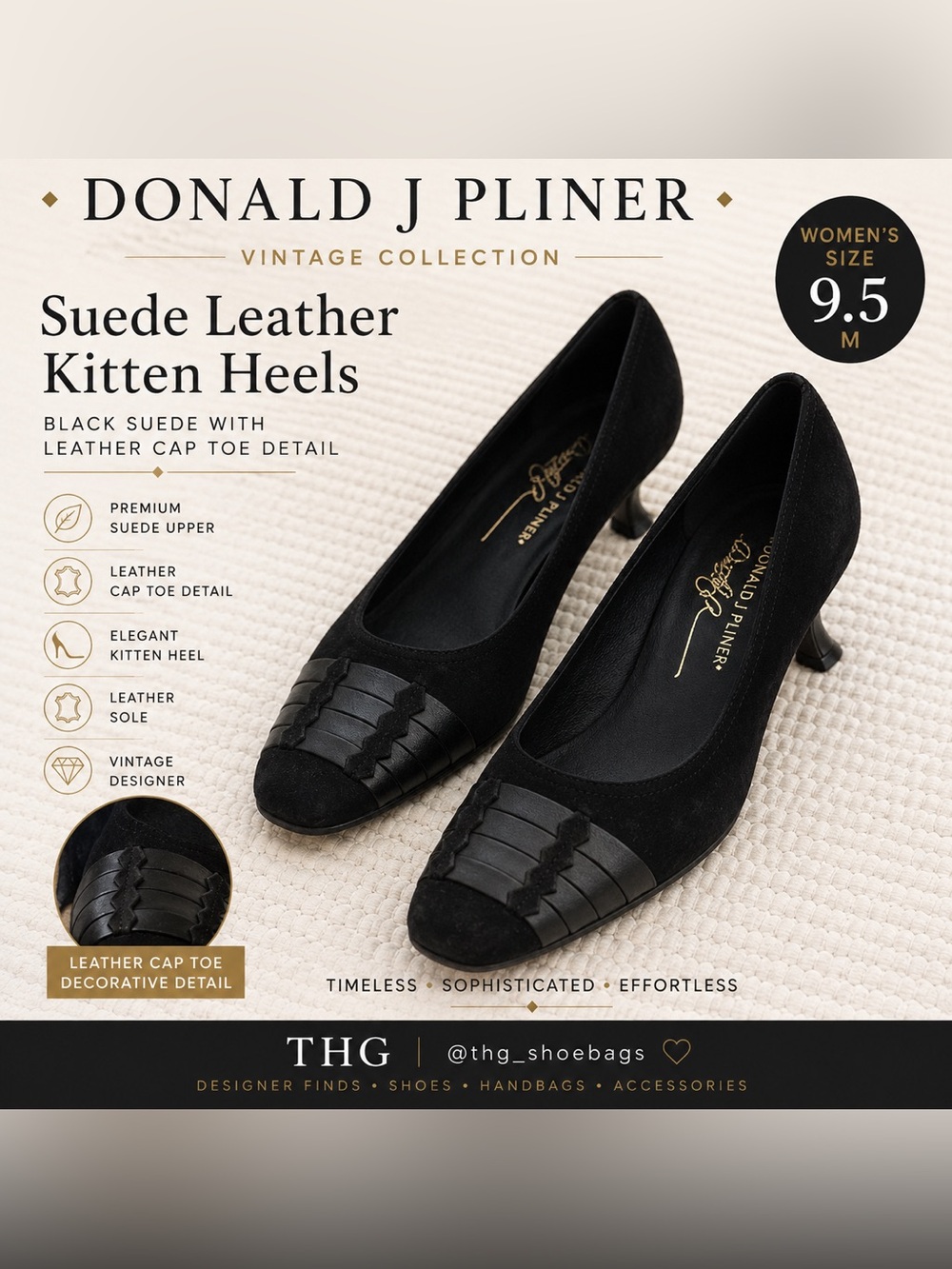 Donald J Pliner Black Suede Leather Cap Toe Kitten Heels 9.5M
